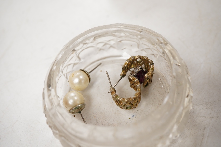 A pair of late Victorian silver mounted cut glass globular scent bottles, by C.C. May & Sons, Birmingham, 1898, height 11.8cm, together with three other silver mounted glass toilet jars and a pair of white metal overlaid